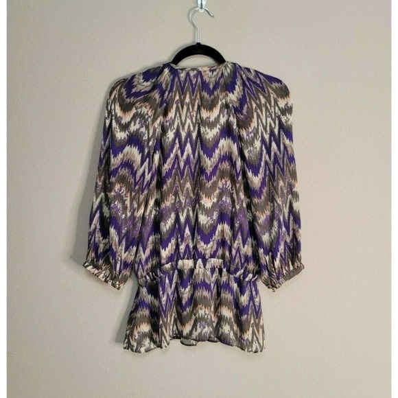 Parker Faux Wrap Chiffon 3/4 Sleeve Chevron Cinched Waist Blouse Top Size XS - Picture 5 of 8